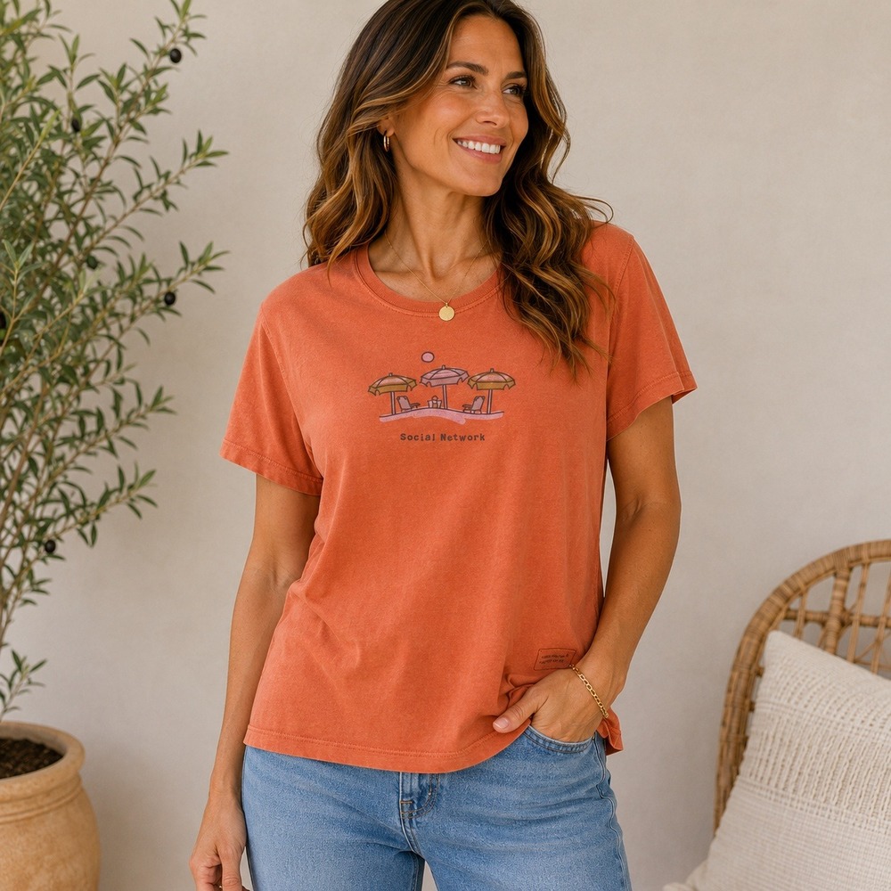 Life is Good Womens Social Network Beach Graphic T-Shirt Orange Short Sleeve